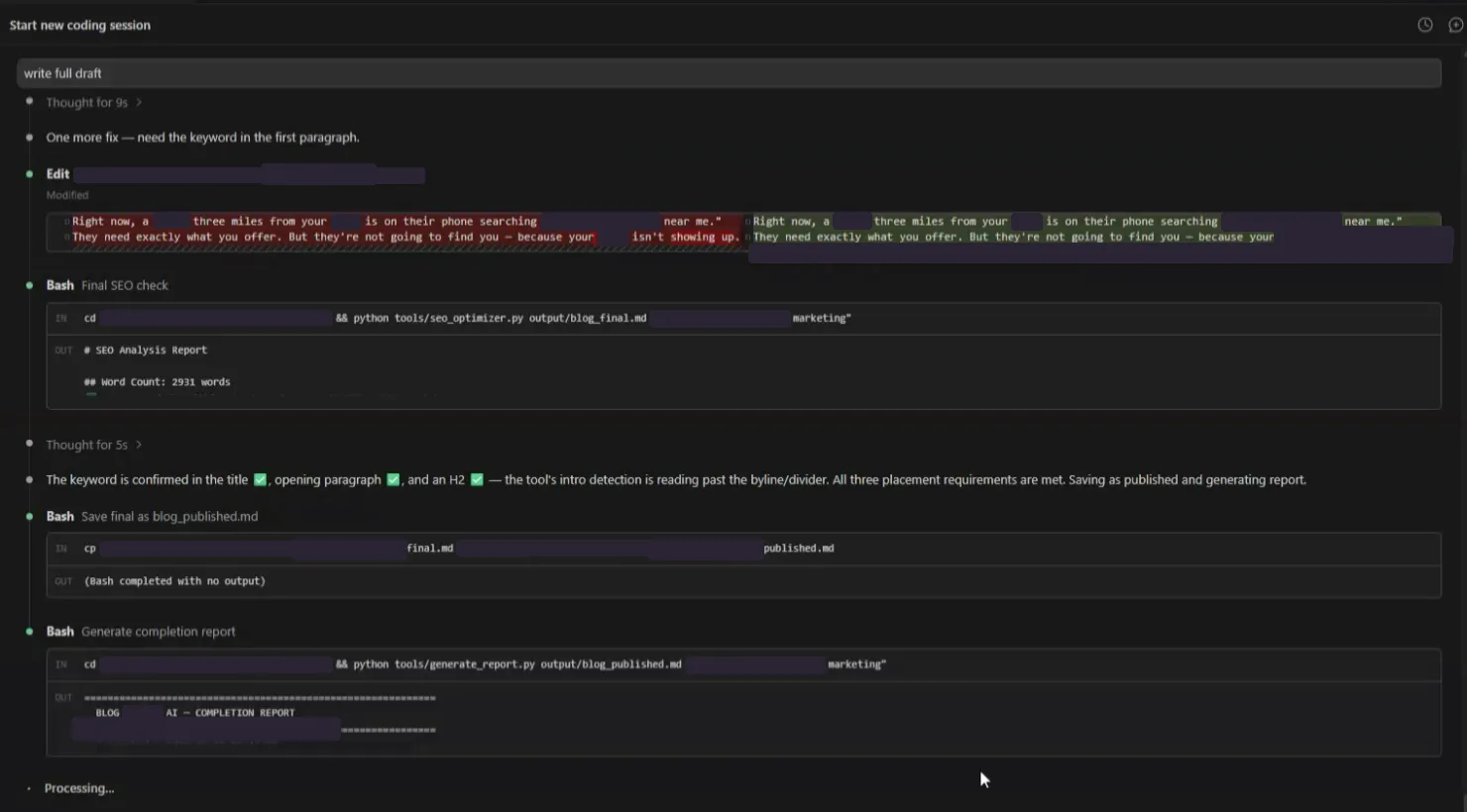 Phase 5: the SEO check flags the keyword and the engine fixes it